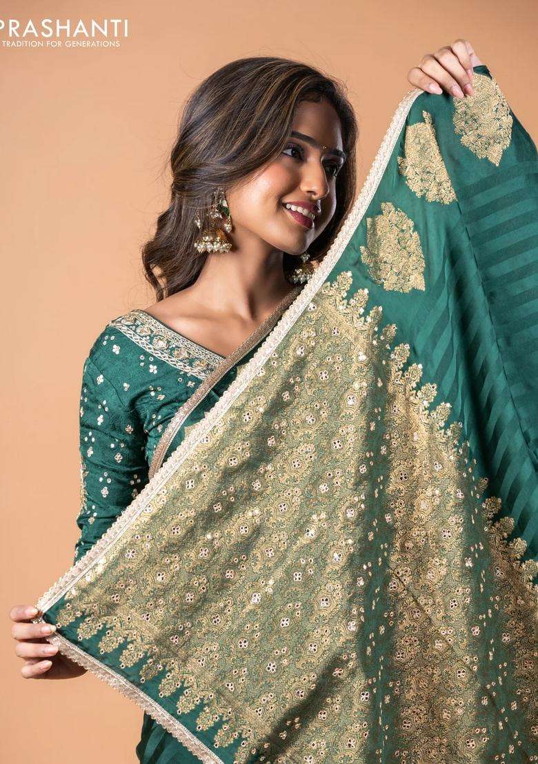 Banarasi Crepe Saree Green With Stripes Pattern And Mirror Work Banarasi Style Border With Checks And Stripes Design For Women - Indya