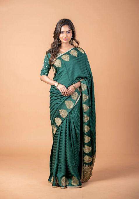 Banarasi Crepe Saree Green With Stripes Pattern And Mirror Work Banarasi Style Border With Checks And Stripes Design For Women