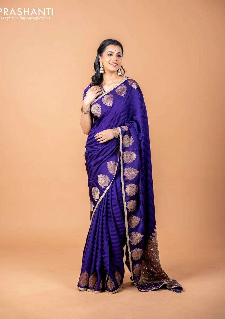 Banarasi Crepe Saree Violet With Stripes Pattern And Mirror Work Banarasi Style Border With Checks And Stripes Design For Women - Indya