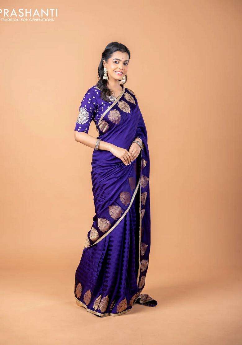 Banarasi Crepe Saree Violet With Stripes Pattern And Mirror Work Banarasi Style Border With Checks And Stripes Design For Women - Indya