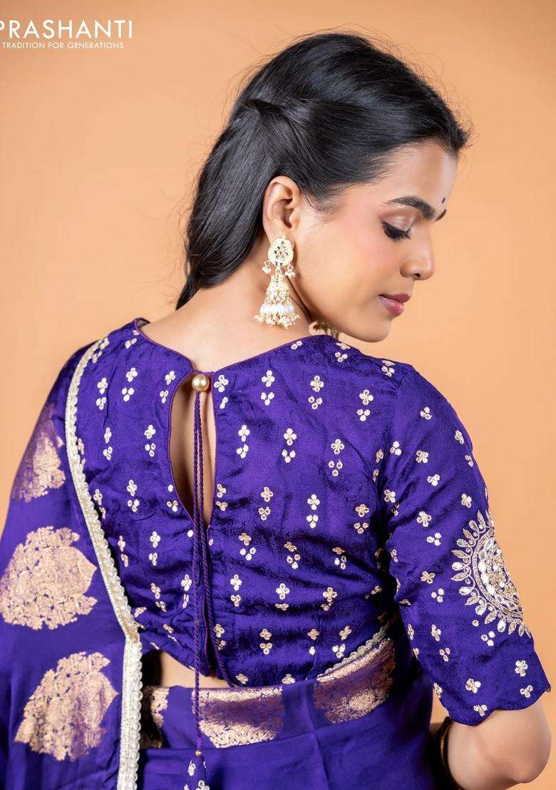 Banarasi Crepe Saree Violet With Stripes Pattern And Mirror Work Banarasi Style Border With Checks And Stripes Design For Women - Indya