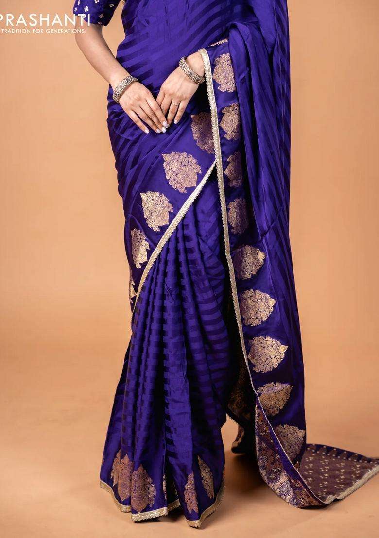 Banarasi Crepe Saree Violet With Stripes Pattern And Mirror Work Banarasi Style Border With Checks And Stripes Design For Women - Indya