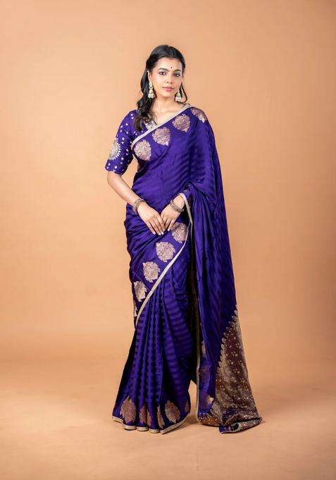Banarasi Crepe Saree Violet With Stripes Pattern And Mirror Work Banarasi Style Border With Checks And Stripes Design For Women
