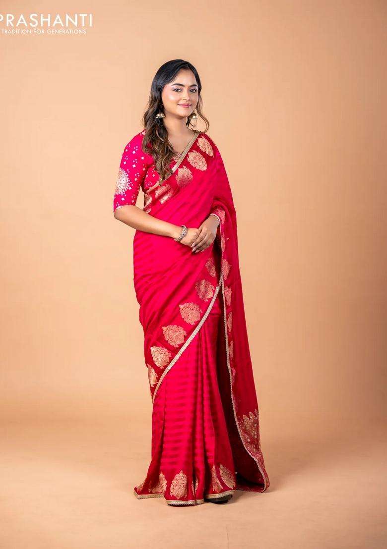 Banarasi Crepe Saree Pink With Stripes Pattern And Mirror Work Banarasi Style Border With Checks And Stripes Design For Women - Indya