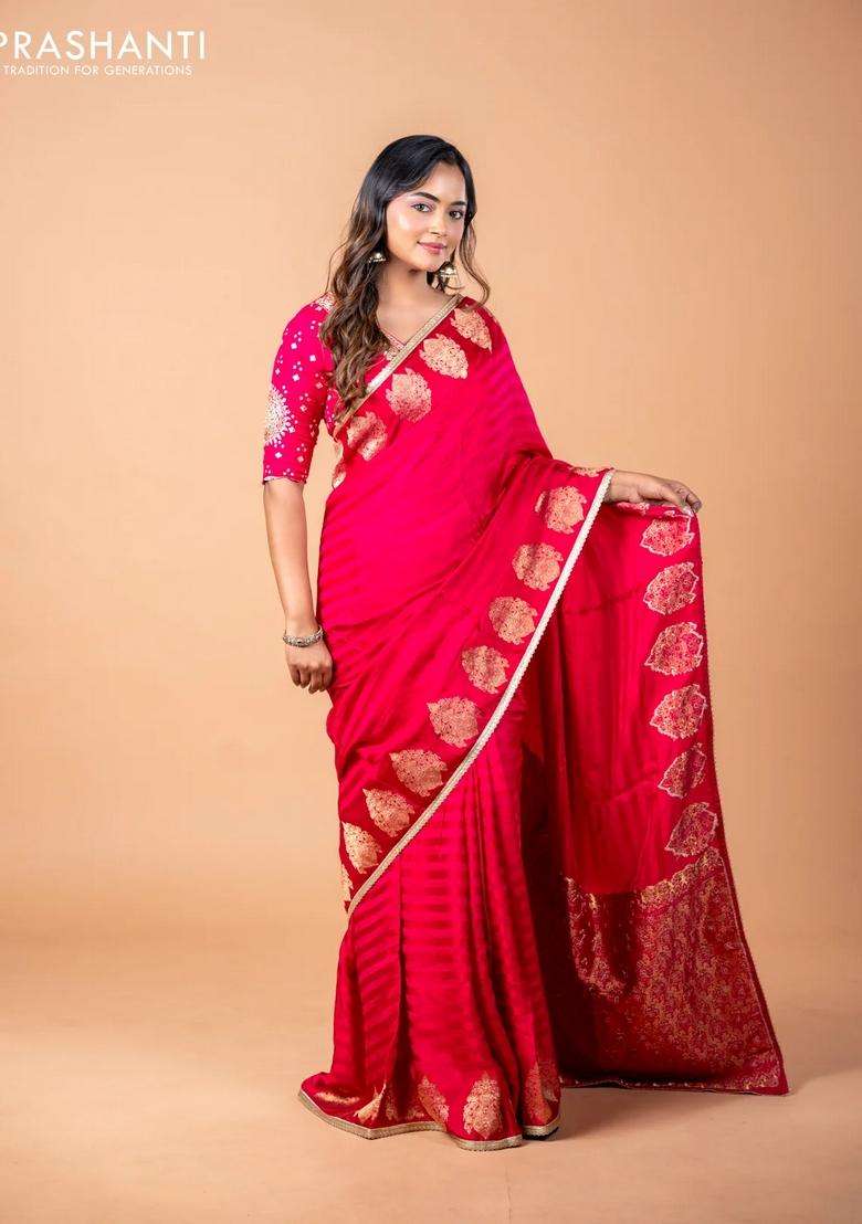 Banarasi Crepe Saree Pink With Stripes Pattern And Mirror Work Banarasi Style Border With Checks And Stripes Design For Women - Indya
