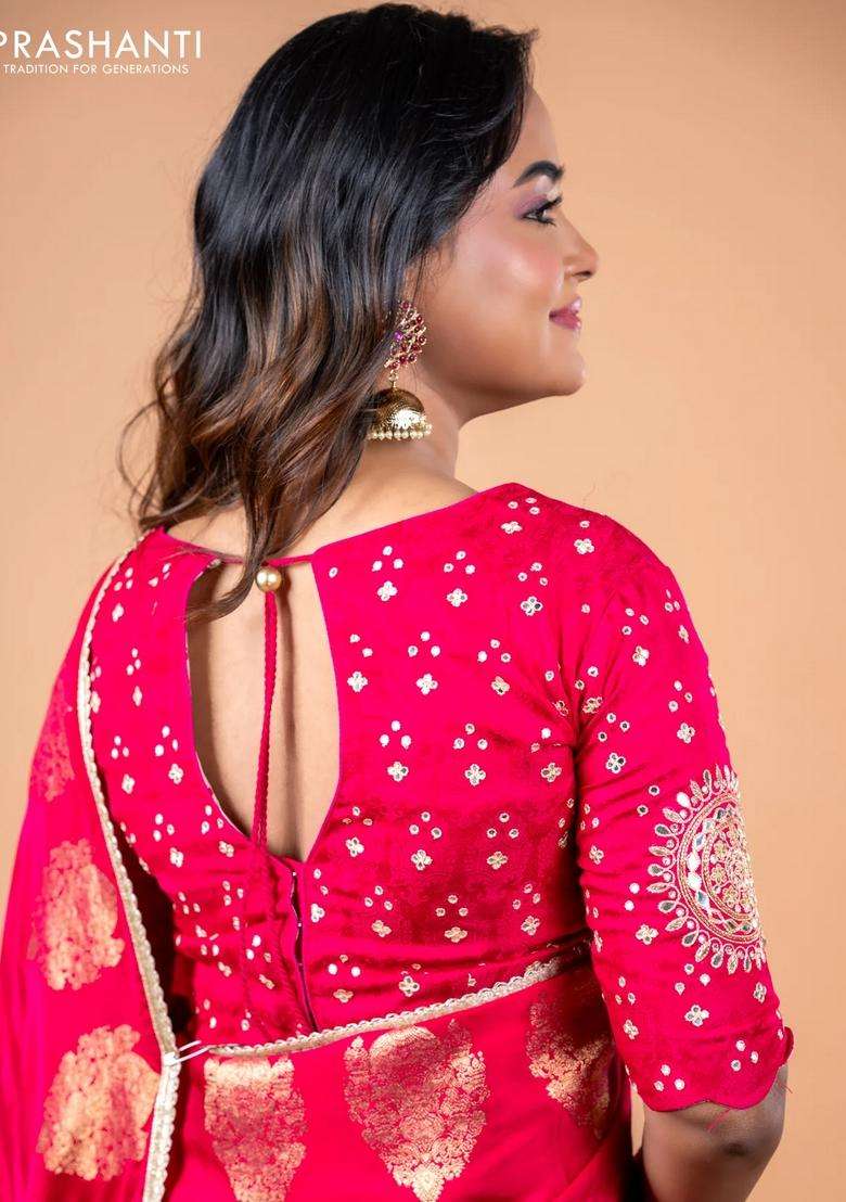 Banarasi Crepe Saree Pink With Stripes Pattern And Mirror Work Banarasi Style Border With Checks And Stripes Design For Women - Indya