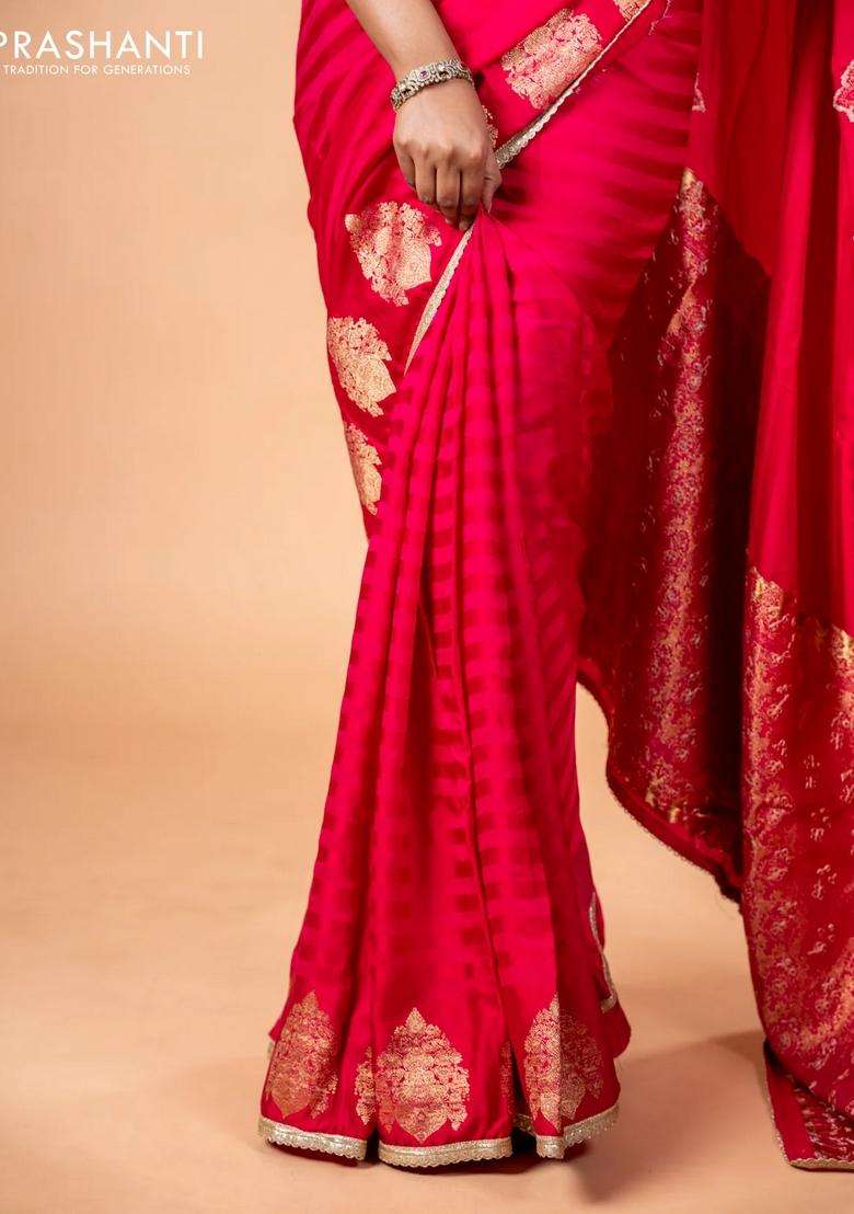 Banarasi Crepe Saree Pink With Stripes Pattern And Mirror Work Banarasi Style Border With Checks And Stripes Design For Women - Indya