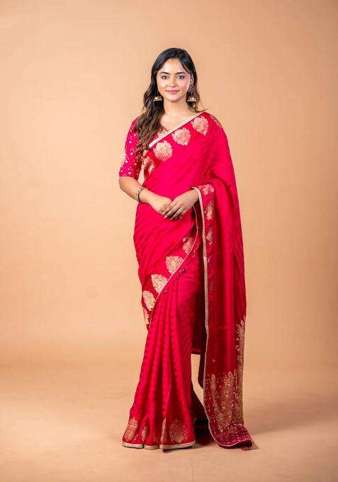 Banarasi Crepe Saree Pink With Stripes Pattern And Mirror Work Banarasi Style Border With Checks And Stripes Design For Women