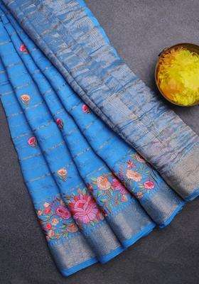Assam Silk Saree Light Blue With Allover Zari Weaves Floral Embroidery Work Buttas And Zari Woven Border With Embroidered Design For Women