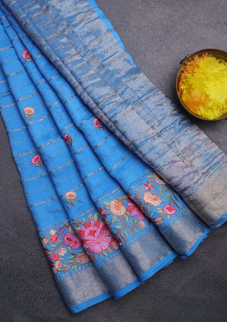 Assam Silk Saree Light Blue With Allover Zari Weaves Floral Embroidery Work Buttas And Zari Woven Border With Embroidered Design For Women - Indya