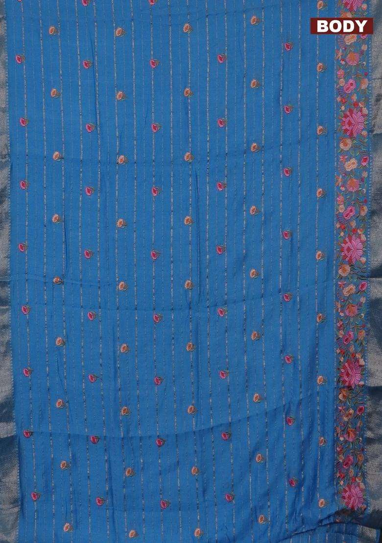 Assam Silk Saree Light Blue With Allover Zari Weaves Floral Embroidery Work Buttas And Zari Woven Border With Embroidered Design For Women - Indya