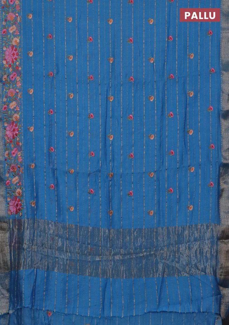 Assam Silk Saree Light Blue With Allover Zari Weaves Floral Embroidery Work Buttas And Zari Woven Border With Embroidered Design For Women - Indya
