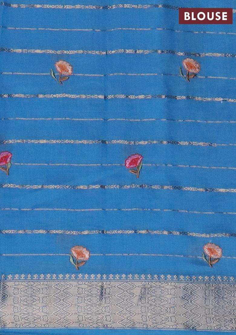 Assam Silk Saree Light Blue With Allover Zari Weaves Floral Embroidery Work Buttas And Zari Woven Border With Embroidered Design For Women - Indya