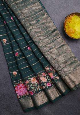 Assam Silk Saree Bottle Green With Allover Zari Weaves Floral Embroidery Work Buttas And Zari Woven Border With Embroidered Design For Women