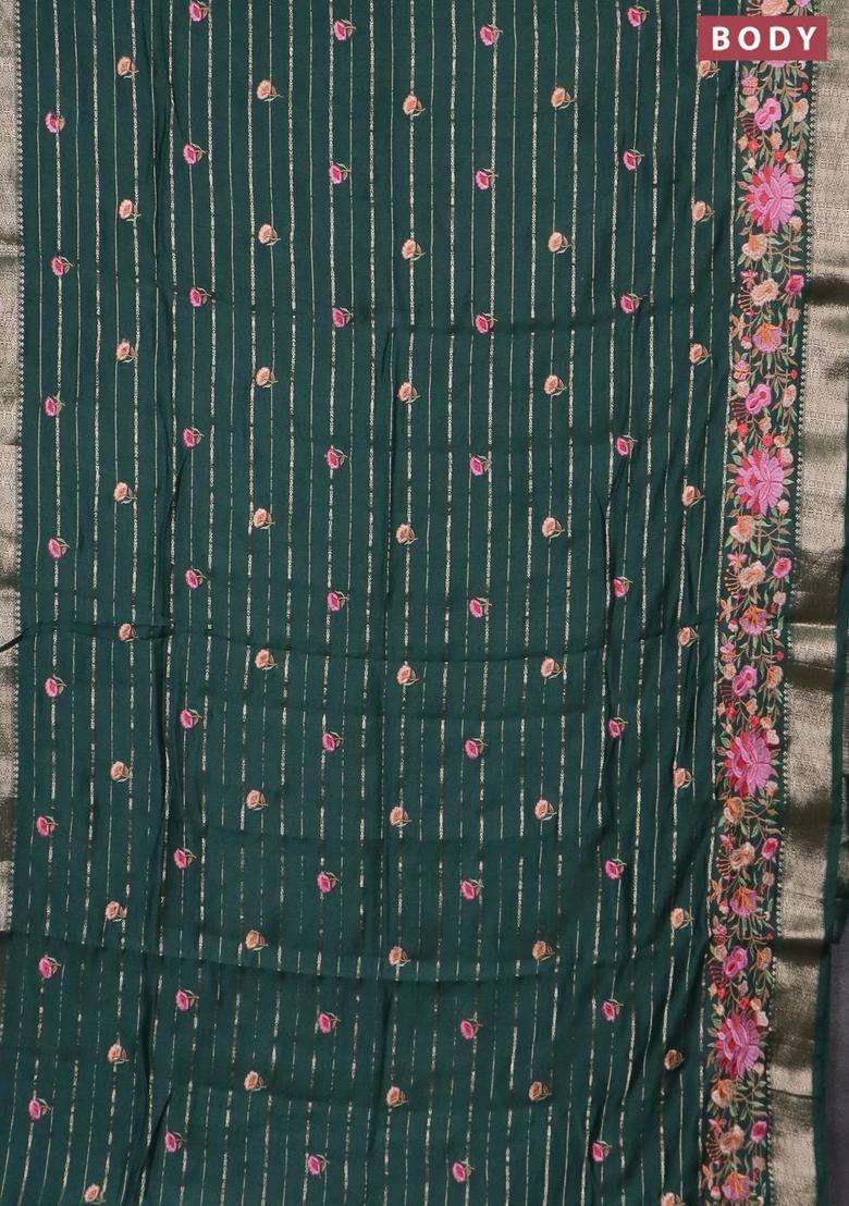 Assam Silk Saree Bottle Green With Allover Zari Weaves Floral Embroidery Work Buttas And Zari Woven Border With Embroidered Design For Women - Indya
