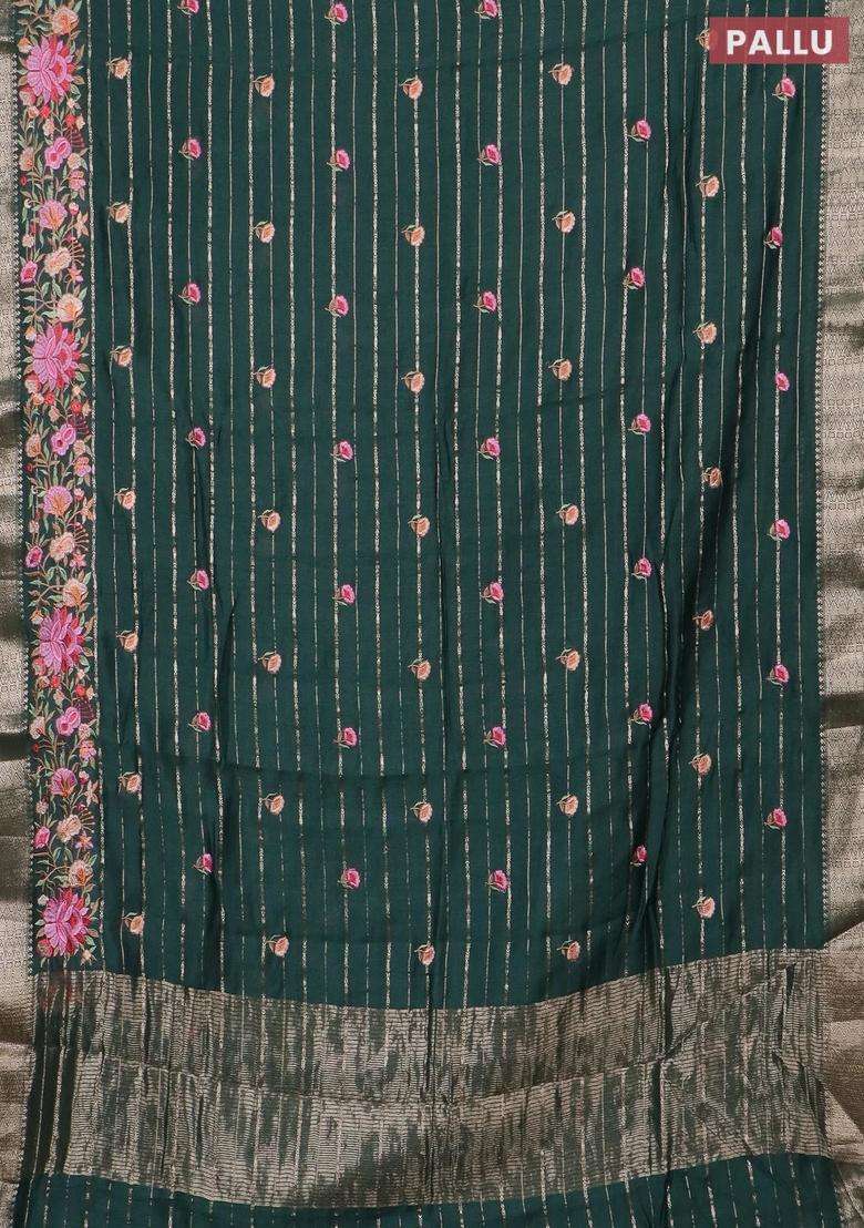 Assam Silk Saree Bottle Green With Allover Zari Weaves Floral Embroidery Work Buttas And Zari Woven Border With Embroidered Design For Women - Indya