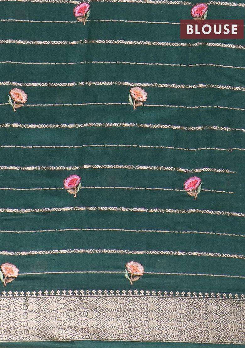 Assam Silk Saree Bottle Green With Allover Zari Weaves Floral Embroidery Work Buttas And Zari Woven Border With Embroidered Design For Women - Indya
