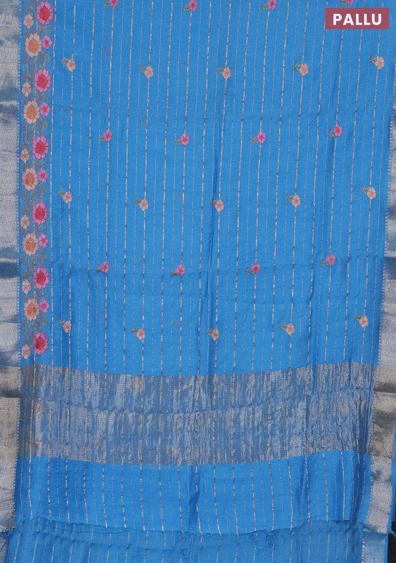 Assam Silk Saree Blue Shade With Allover Zari Weaves Floral Embroidery Work Buttas And Zari Woven Border With Embroidered Design For Women - Indya