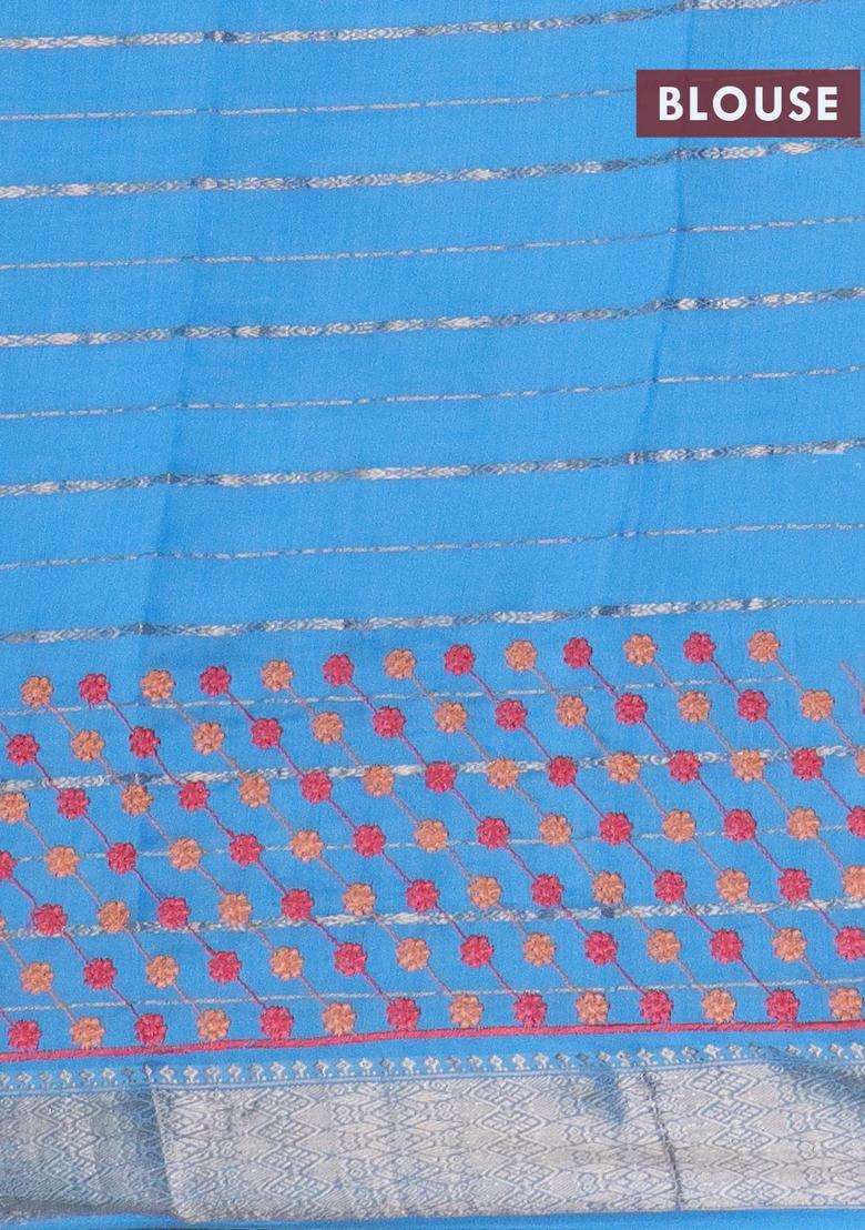 Assam Silk Saree Blue Shade With Allover Zari Weaves Floral Embroidery Work Buttas And Zari Woven Border With Embroidered Design For Women - Indya