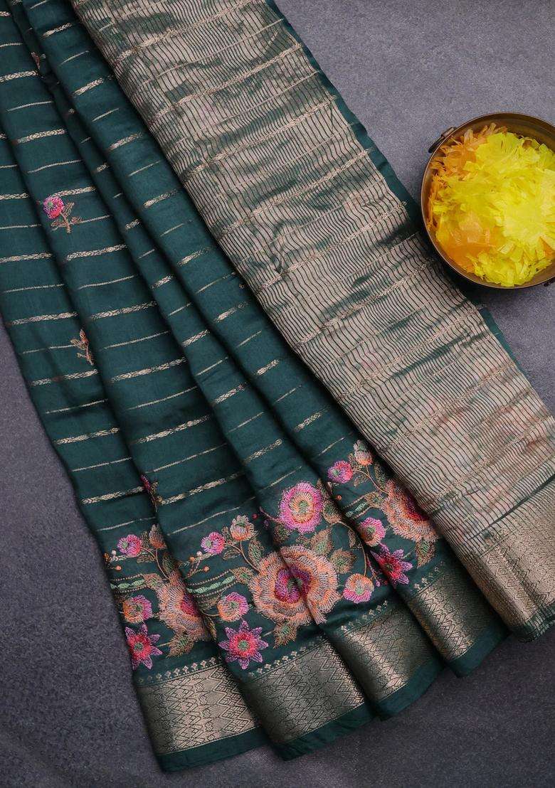 Assam Silk Saree Bottle Green With Allover Zari Weaves Floral Embroidery Work Buttas And Zari Woven Border With Embroidered Design For Women - Indya