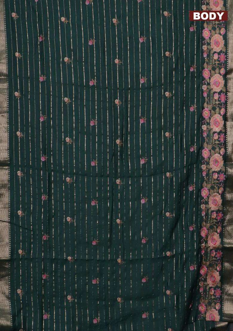 Assam Silk Saree Bottle Green With Allover Zari Weaves Floral Embroidery Work Buttas And Zari Woven Border With Embroidered Design For Women - Indya