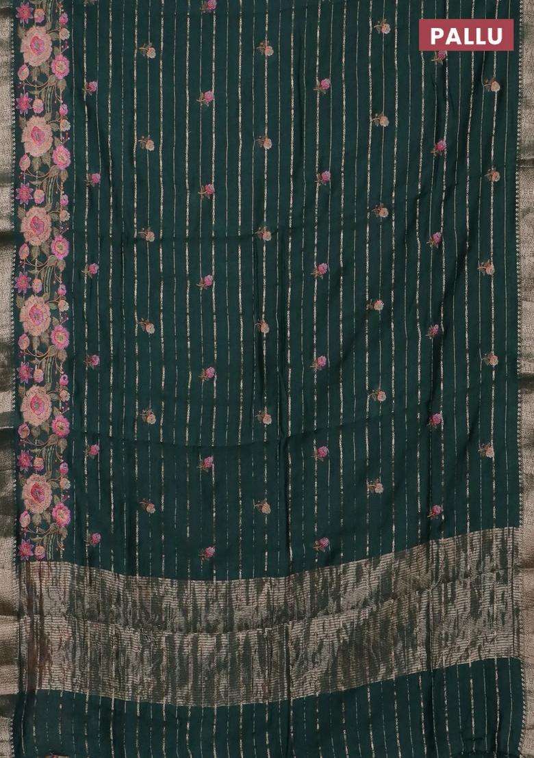 Assam Silk Saree Bottle Green With Allover Zari Weaves Floral Embroidery Work Buttas And Zari Woven Border With Embroidered Design For Women - Indya