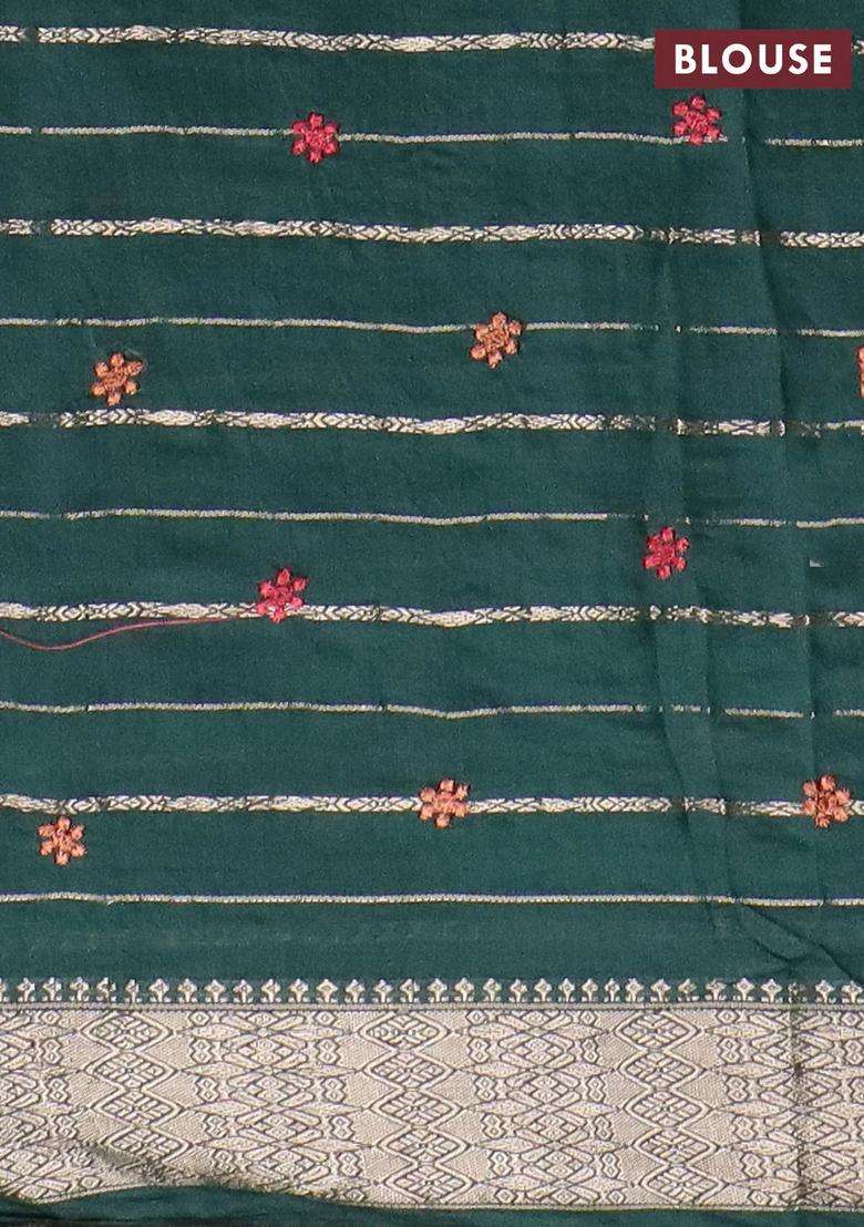 Assam Silk Saree Bottle Green With Allover Zari Weaves Floral Embroidery Work Buttas And Zari Woven Border With Embroidered Design For Women - Indya