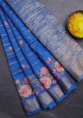 Assam Silk Saree Cs Blue With Allover Zari Weaves Floral Embroidery Work Buttas And Zari Woven Border With Embroidered Design For Women