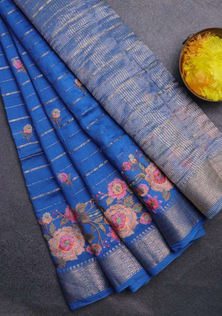 Assam Silk Saree Cs Blue With Allover Zari Weaves Floral Embroidery Work Buttas And Zari Woven Border With Embroidered Design For Women - Indya