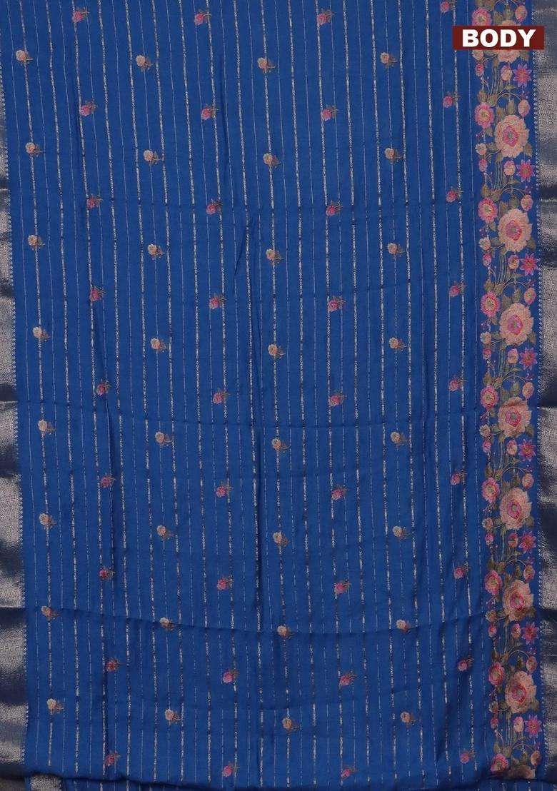 Assam Silk Saree Cs Blue With Allover Zari Weaves Floral Embroidery Work Buttas And Zari Woven Border With Embroidered Design For Women - Indya