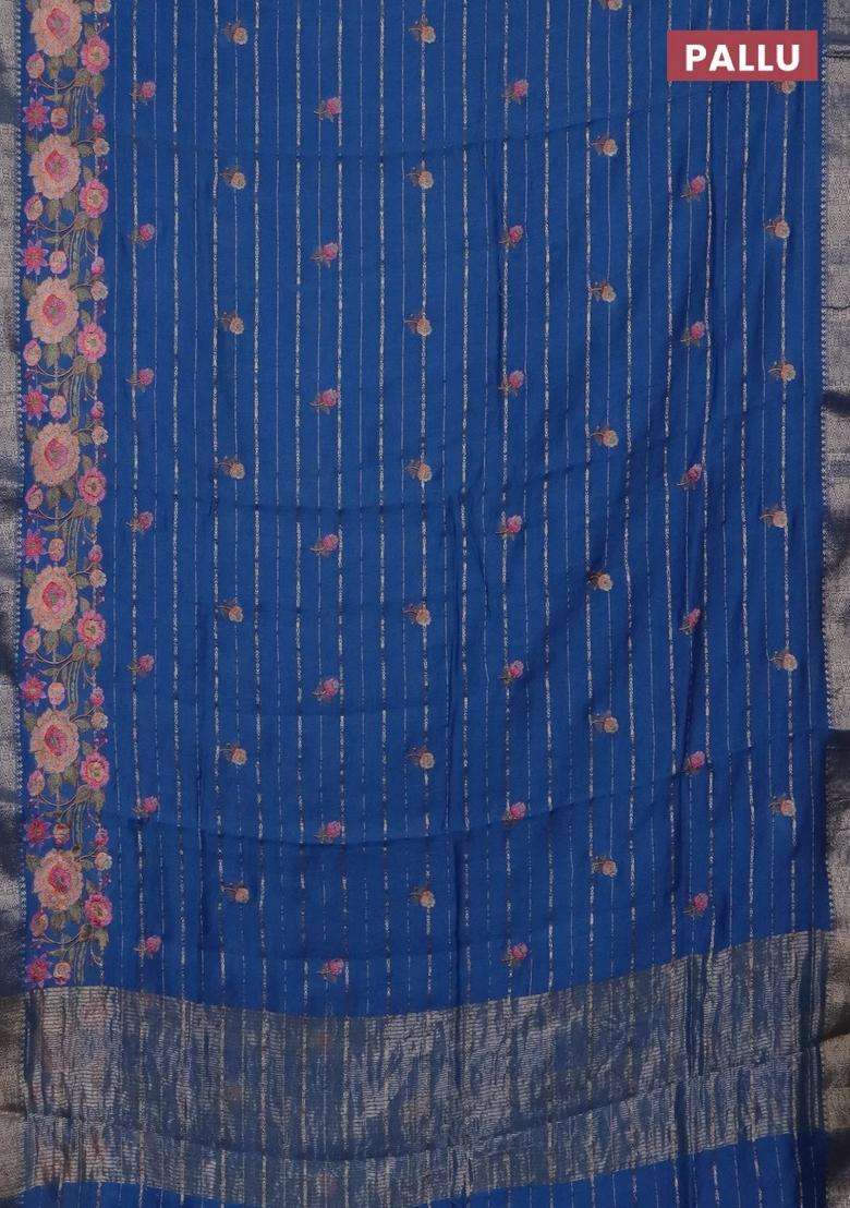 Assam Silk Saree Cs Blue With Allover Zari Weaves Floral Embroidery Work Buttas And Zari Woven Border With Embroidered Design For Women - Indya