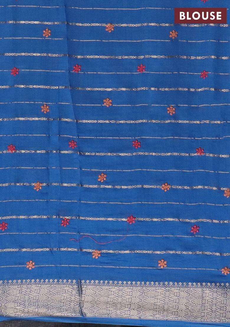 Assam Silk Saree Cs Blue With Allover Zari Weaves Floral Embroidery Work Buttas And Zari Woven Border With Embroidered Design For Women - Indya