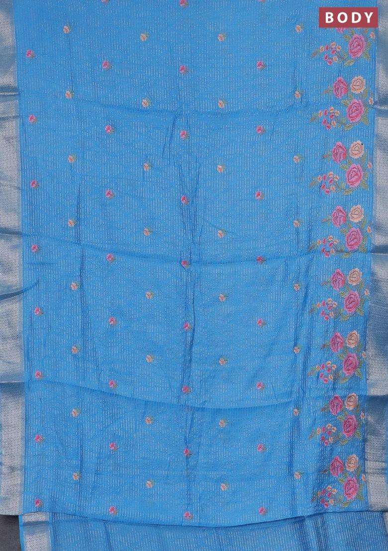 Assam Silk Saree Light Blue With Allover Zari Weaves Floral Embroidery Work Buttas And Zari Woven Border With Embroidered Design For Women - Indya