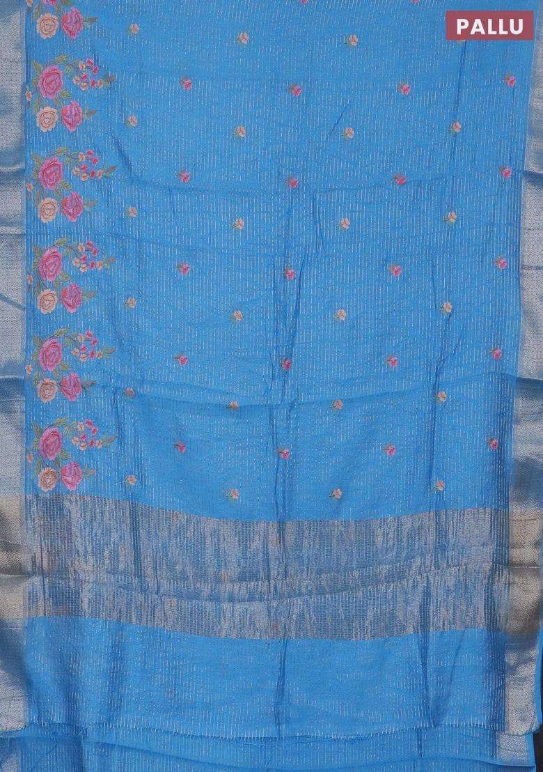 Assam Silk Saree Light Blue With Allover Zari Weaves Floral Embroidery Work Buttas And Zari Woven Border With Embroidered Design For Women - Indya