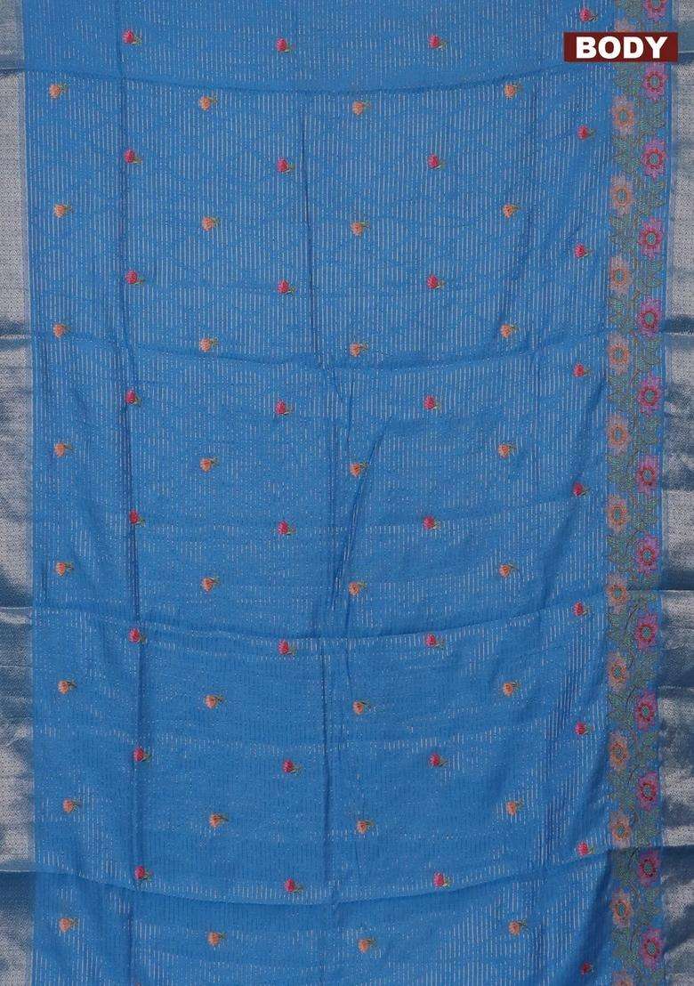 Assam Silk Saree Light Blue With Allover Zari Weaves Floral Embroidery Work Buttas And Zari Woven Border With Embroidered Design For Women - Indya