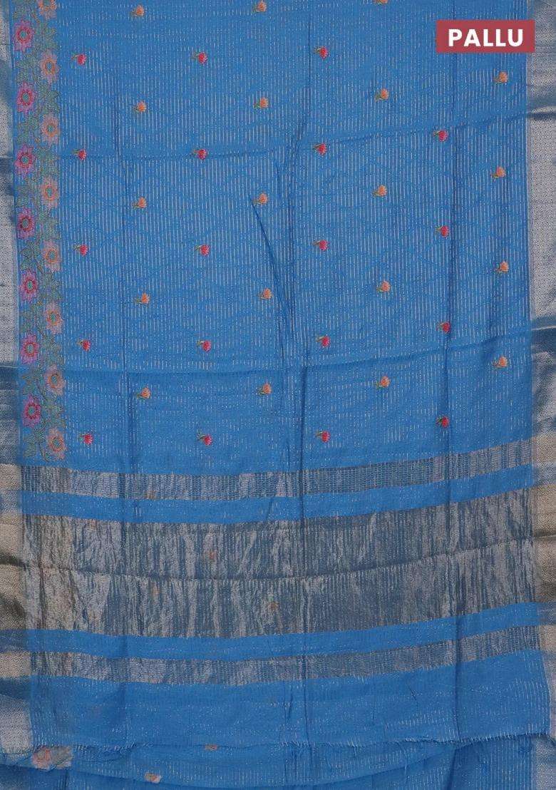 Assam Silk Saree Light Blue With Allover Zari Weaves Floral Embroidery Work Buttas And Zari Woven Border With Embroidered Design For Women - Indya