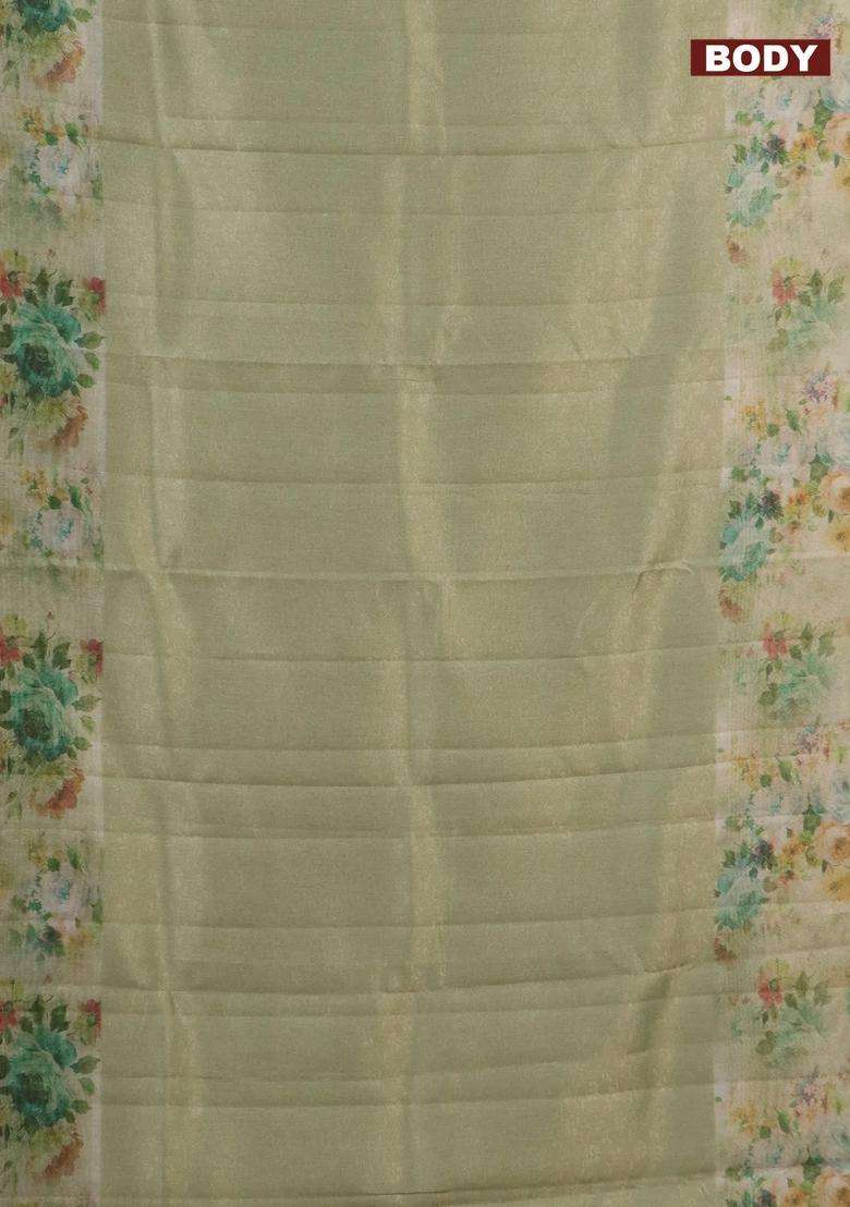 Tissue Saree Mild Pista Green With Allover Zari Weaves And Floral Digital Printed Border For Women - Indya