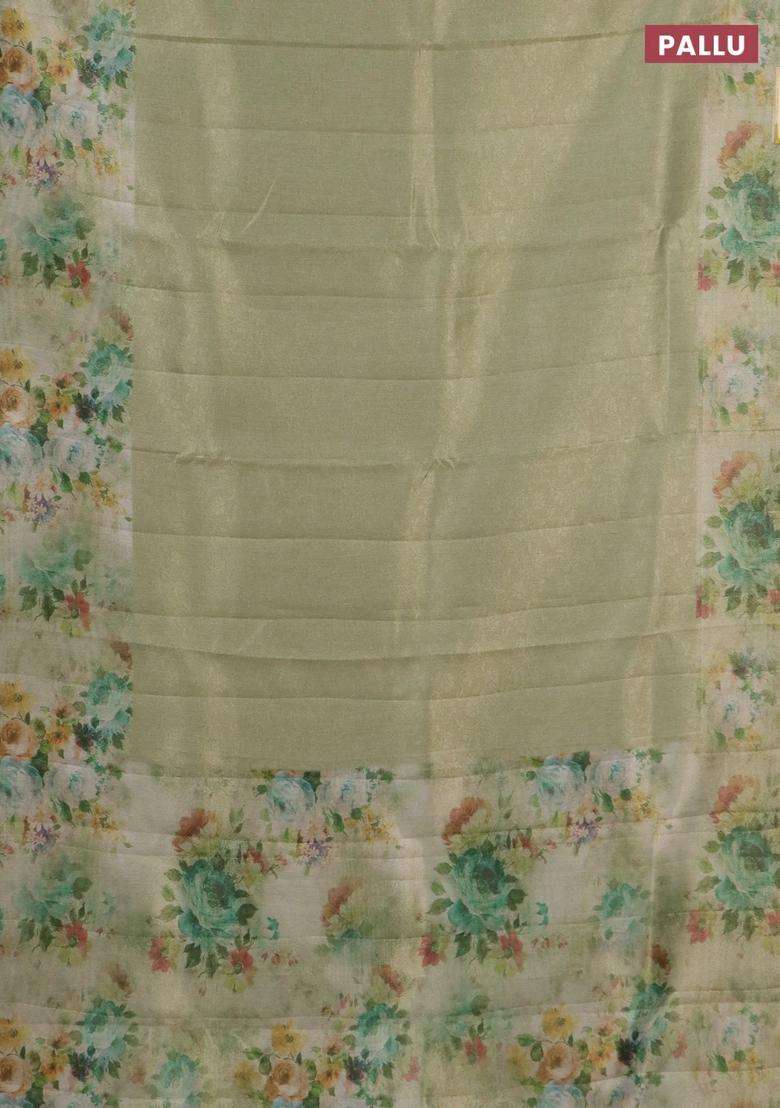 Tissue Saree Mild Pista Green With Allover Zari Weaves And Floral Digital Printed Border For Women - Indya