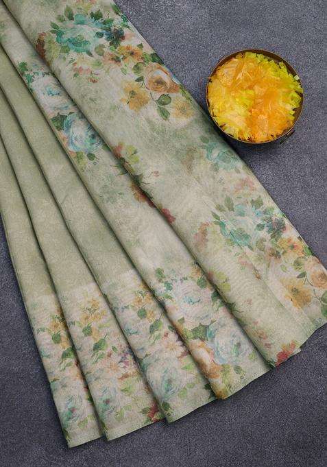Tissue Saree Mild Pista Green With Allover Zari Weaves And Floral Digital Printed Border For Women