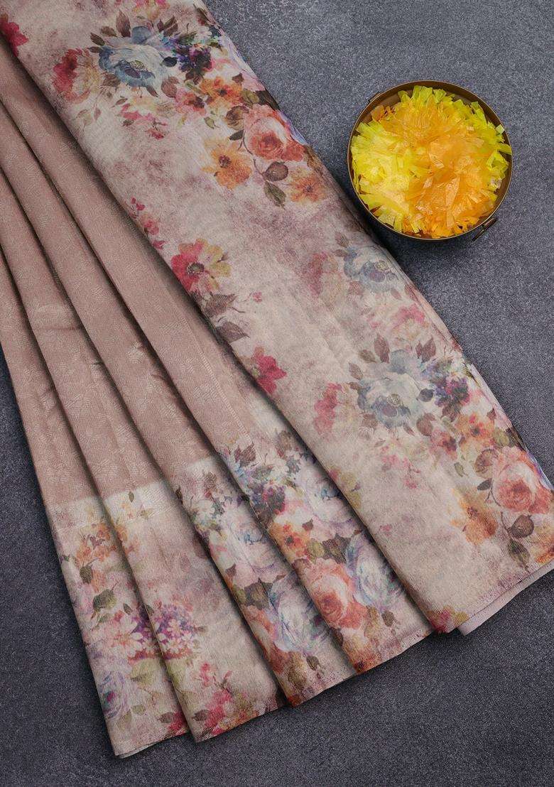 Tissue Saree Mild Peach With Allover Zari Weaves And Floral Digital Printed Border For Women - Indya