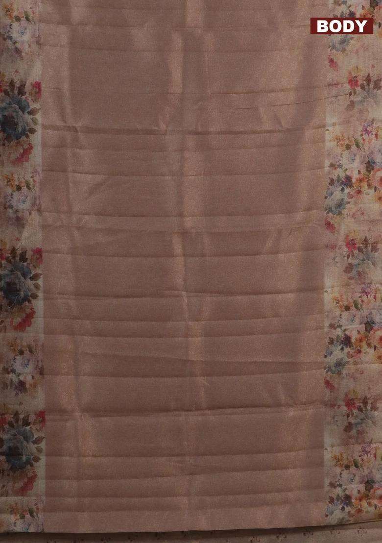 Tissue Saree Mild Peach With Allover Zari Weaves And Floral Digital Printed Border For Women - Indya