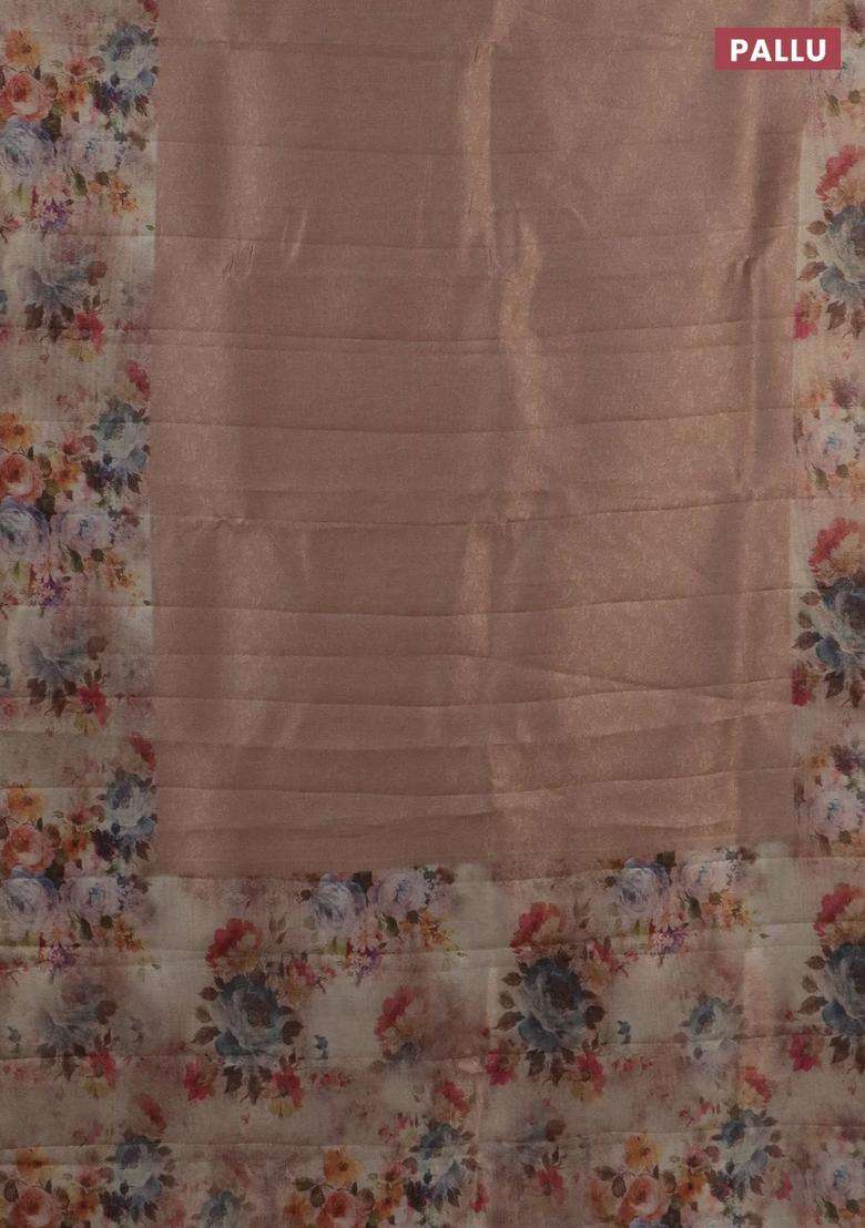 Tissue Saree Mild Peach With Allover Zari Weaves And Floral Digital Printed Border For Women - Indya