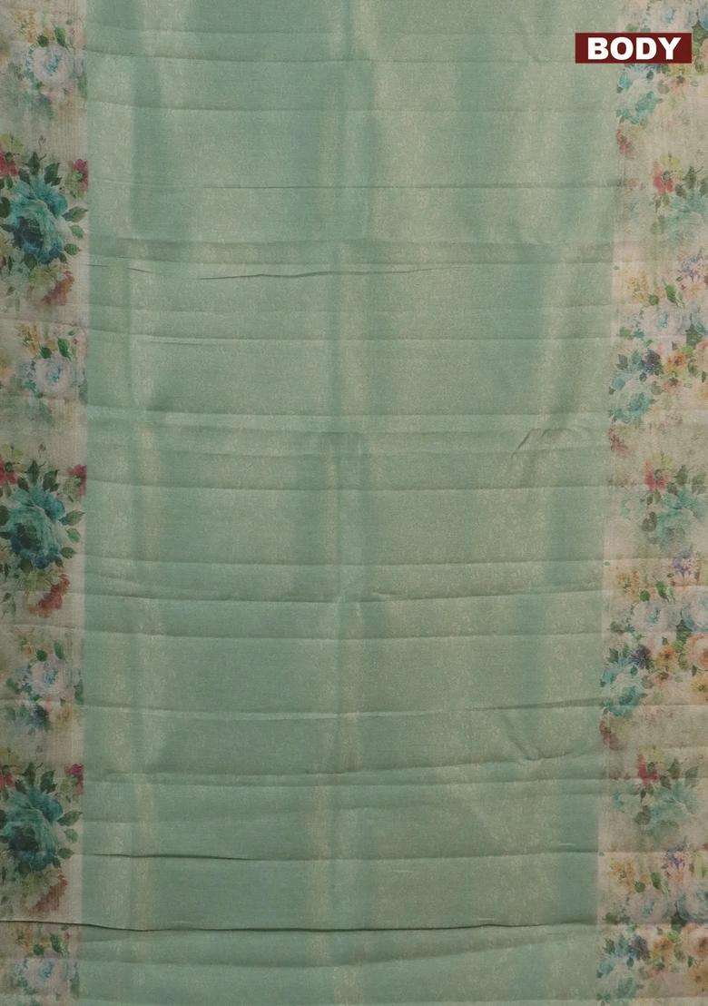 Tissue Saree Teal Green Shade With Allover Zari Weaves And Floral Digital Printed Border For Women - Indya
