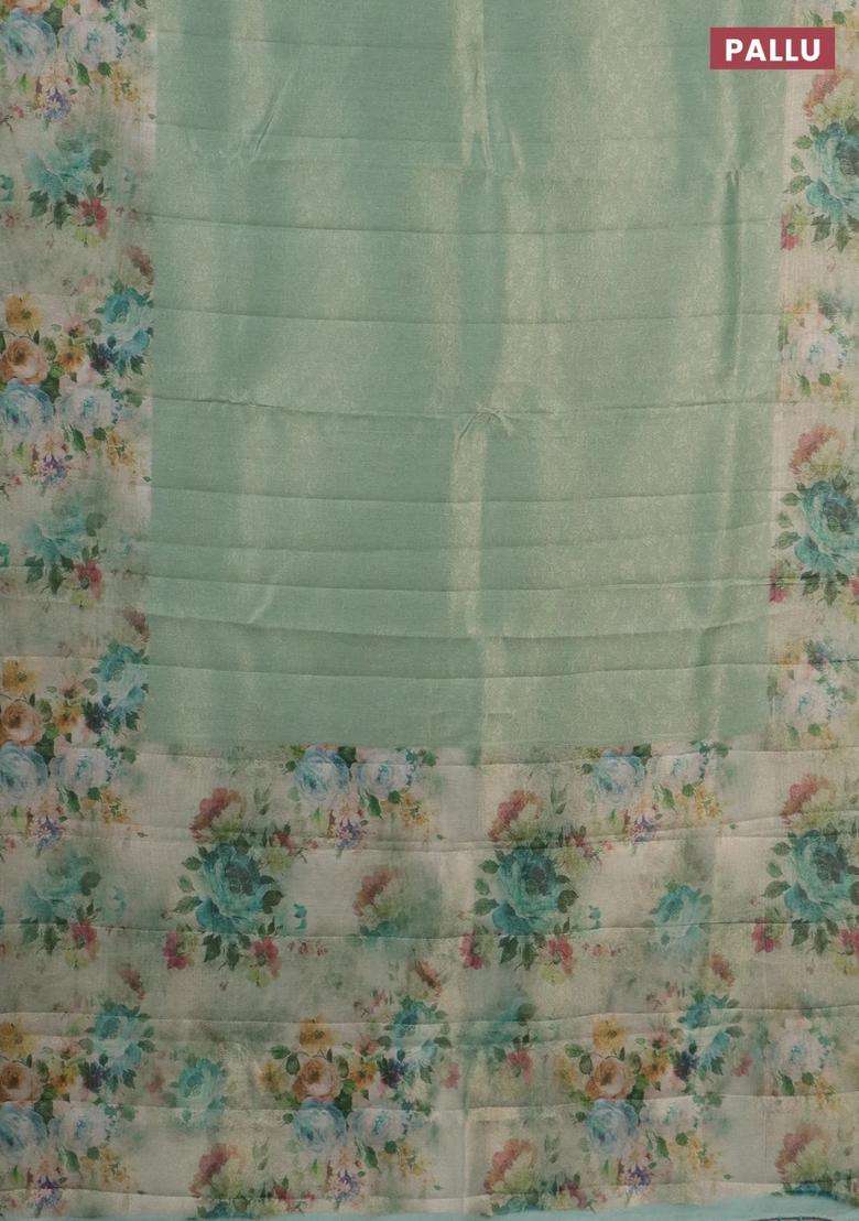 Tissue Saree Teal Green Shade With Allover Zari Weaves And Floral Digital Printed Border For Women - Indya