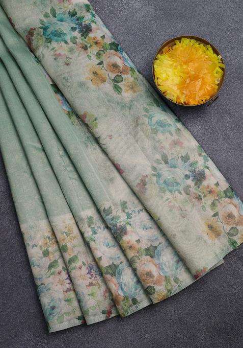 Tissue Saree Teal Green Shade With Allover Zari Weaves And Floral Digital Printed Border For Women