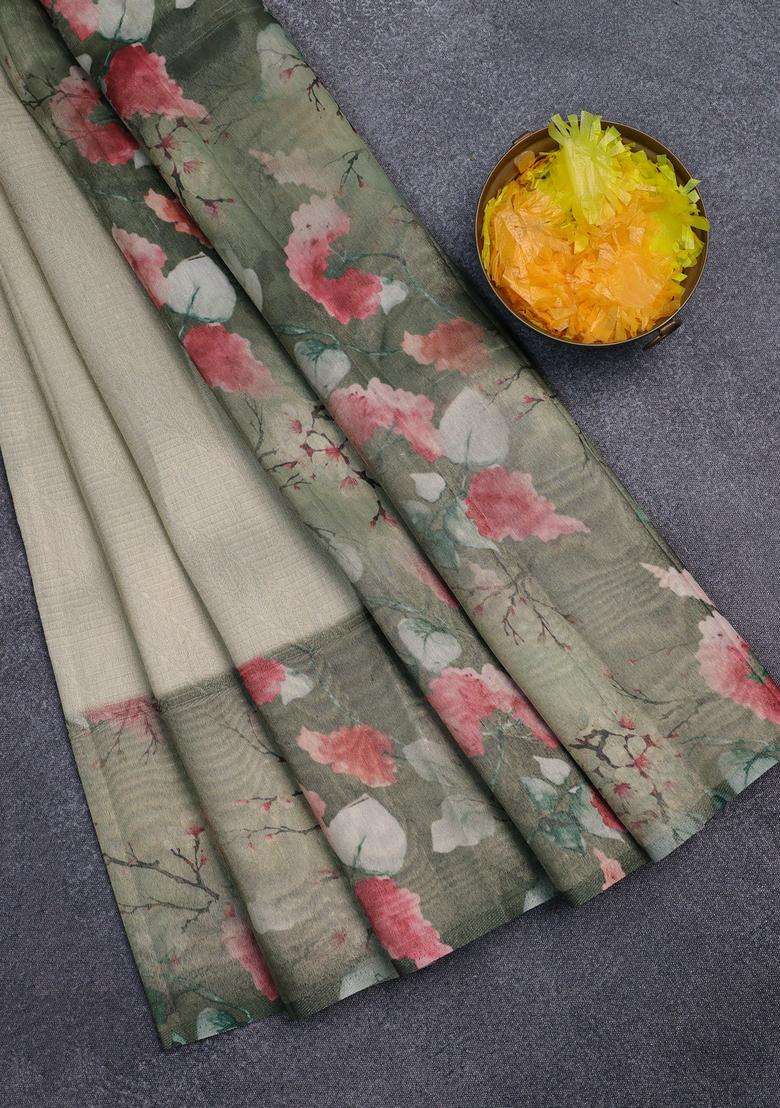 Tissue Saree Pastel Pista Green And Green With Allover Zari Weaves And Floral Digital Printed Border For Women - Indya