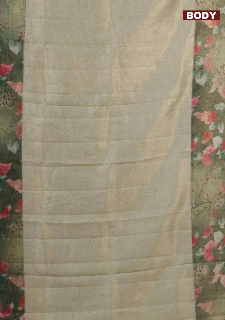 Tissue Saree Pastel Pista Green And Green With Allover Zari Weaves And Floral Digital Printed Border For Women - Indya