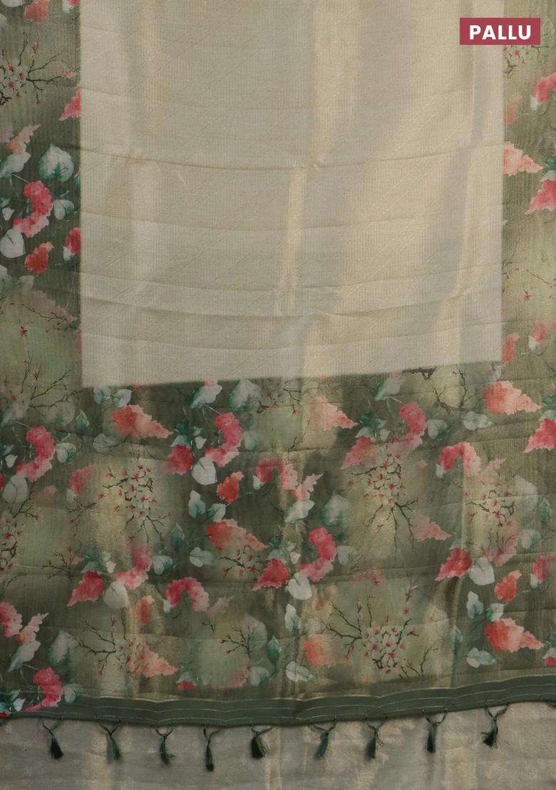 Tissue Saree Pastel Pista Green And Green With Allover Zari Weaves And Floral Digital Printed Border For Women - Indya