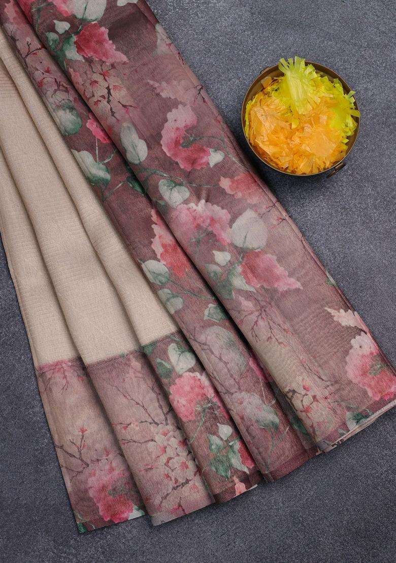 Tissue Saree Sandal And Brown Shade With Allover Zari Weaves And Floral Digital Printed Border For Women - Indya