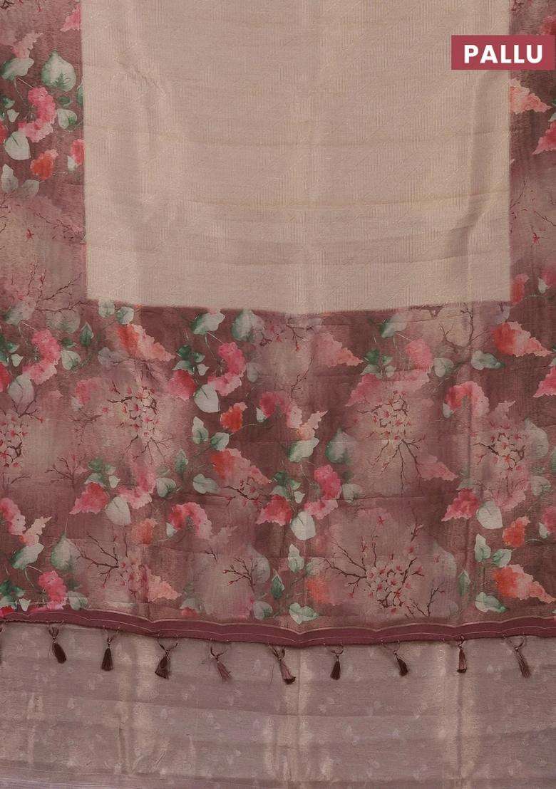 Tissue Saree Sandal And Brown Shade With Allover Zari Weaves And Floral Digital Printed Border For Women - Indya